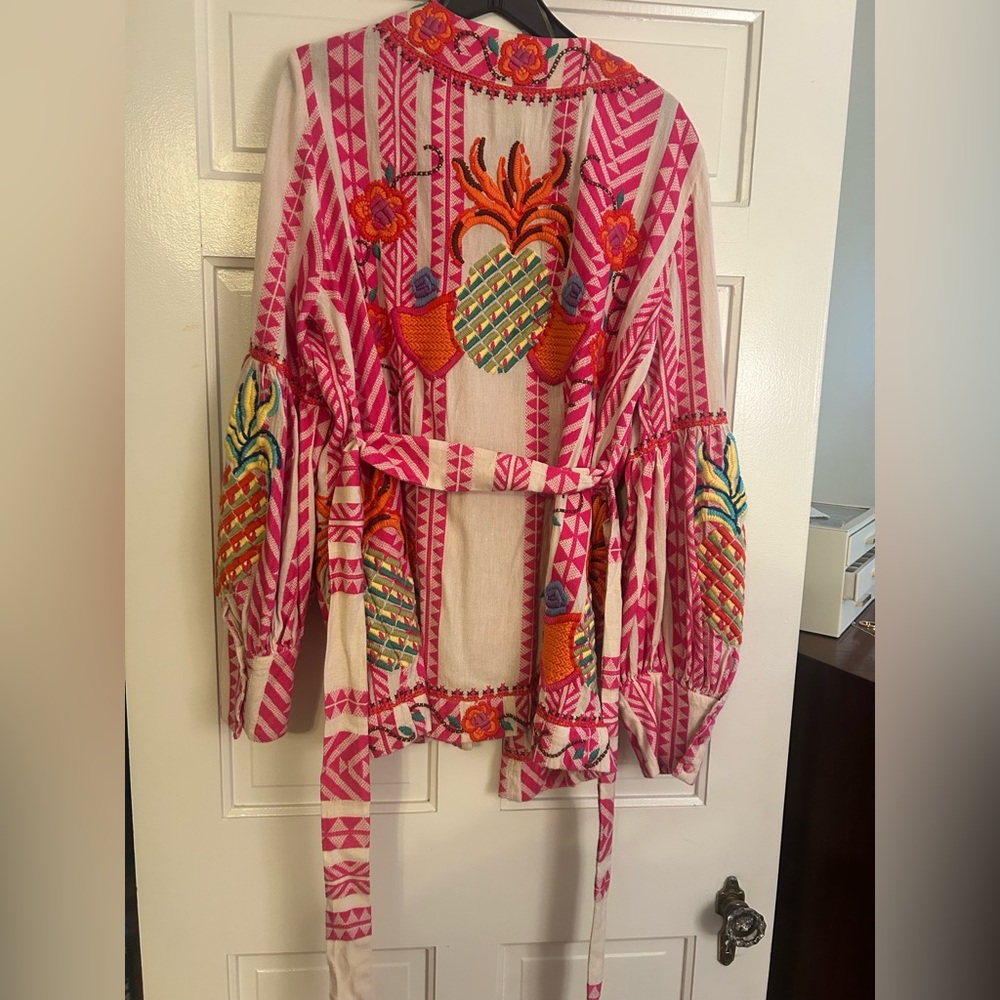 Farm Rio Embroidered jacquard Pink and Cream Belted jacket - Picture 7 of 15